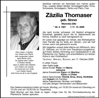 Traueranzeige von Zäzilia Thomaser von Dolomiten