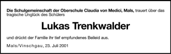 Traueranzeige von Lukas Trenkwalder von Dolomiten