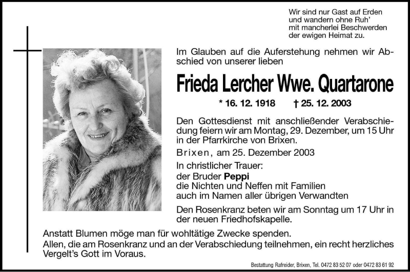  Traueranzeige für Frieda Quartarone vom 27.12.2003 aus Dolomiten