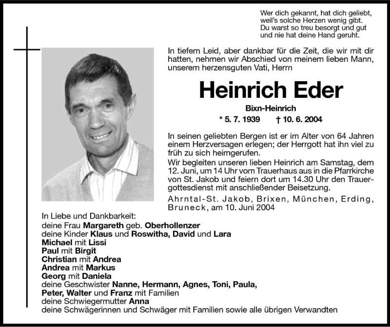  Traueranzeige für Heinrich Eder vom 11.06.2004 aus Dolomiten