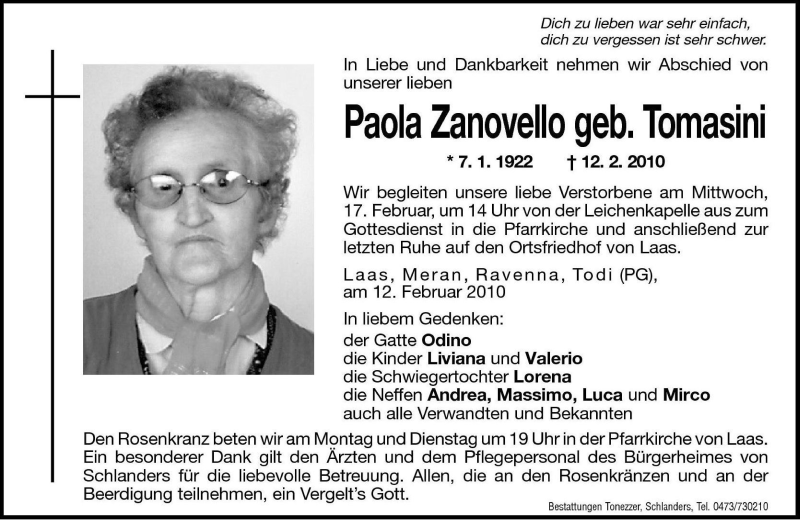  Traueranzeige für Paola Zanovello vom 15.02.2010 aus Dolomiten