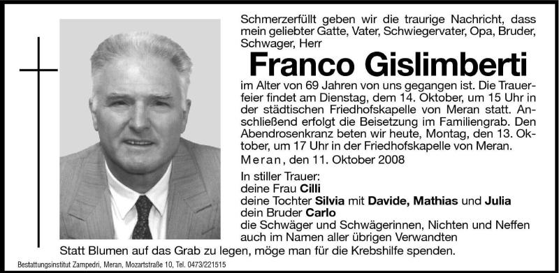  Traueranzeige für Franco Gislimberti vom 13.10.2008 aus Dolomiten