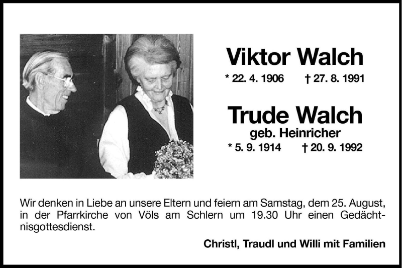  Traueranzeige für Trude Walch vom 24.08.2001 aus Dolomiten