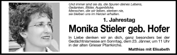 Traueranzeige von Monika Stieler von Dolomiten