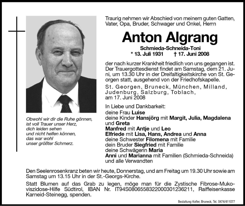  Traueranzeige für Anton Algrang vom 19.06.2008 aus Dolomiten