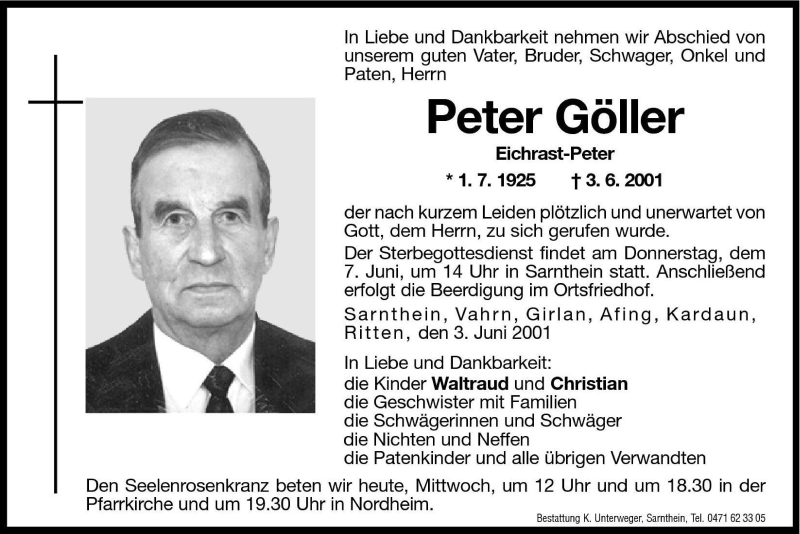  Traueranzeige für Peter Göller vom 06.06.2001 aus Dolomiten