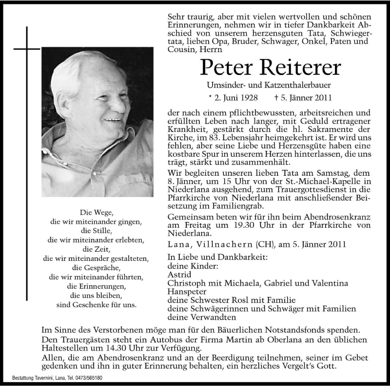  Traueranzeige für Peter Reiterer vom 07.01.2011 aus Dolomiten