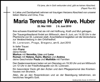 Traueranzeige von Maria Teresa Huber von Dolomiten