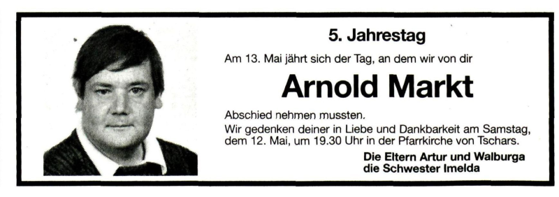  Traueranzeige für Arnold Markt vom 11.05.2001 aus Dolomiten