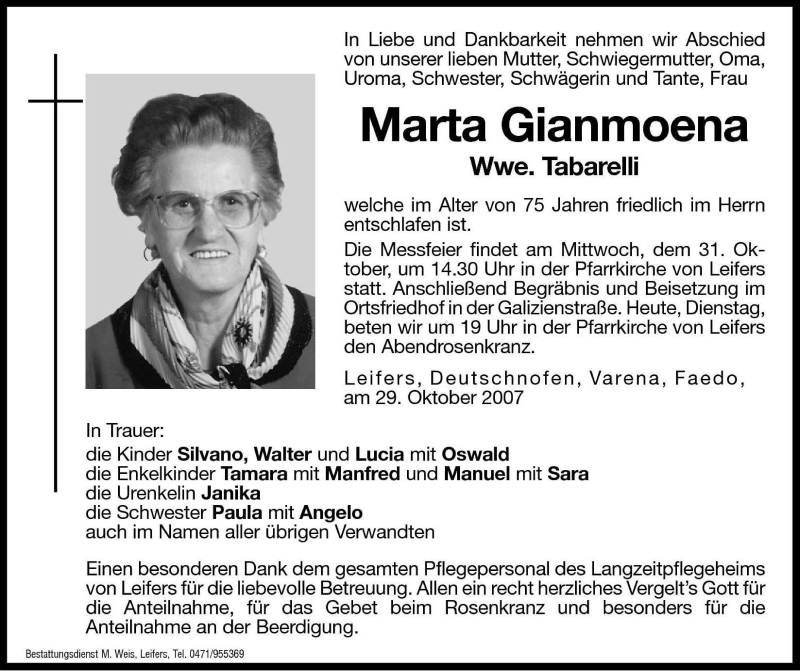  Traueranzeige für Marta Tabarelli vom 30.10.2007 aus Dolomiten