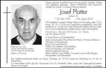 Traueranzeige von Josef Platter von Dolomiten