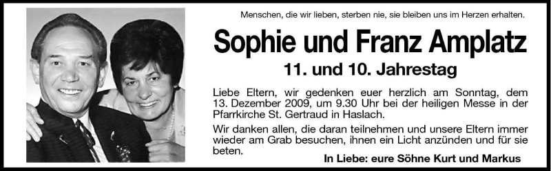  Traueranzeige für Sophie Amplatz vom 11.12.2009 aus Dolomiten