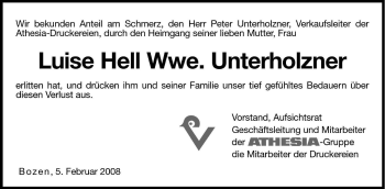 Traueranzeige von Luise Unterholzner von Dolomiten