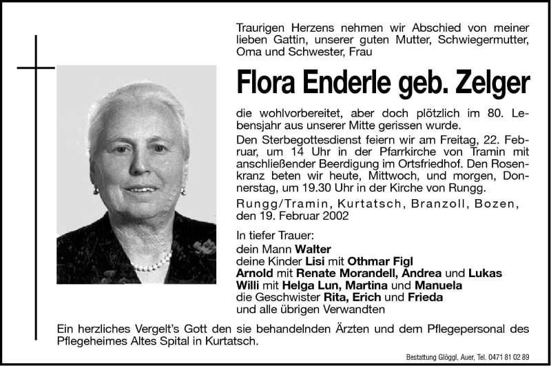  Traueranzeige für Flora Enderle vom 20.02.2002 aus Dolomiten