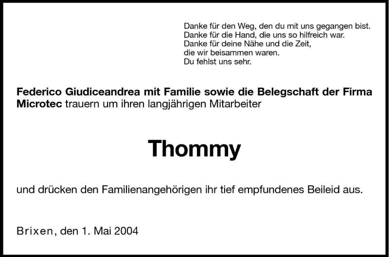  Traueranzeige für Thommy  vom 03.05.2004 aus Dolomiten