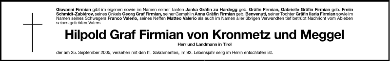  Traueranzeige für Hilpold Firmian von Kronmetz und Meggel vom 26.09.2005 aus Dolomiten