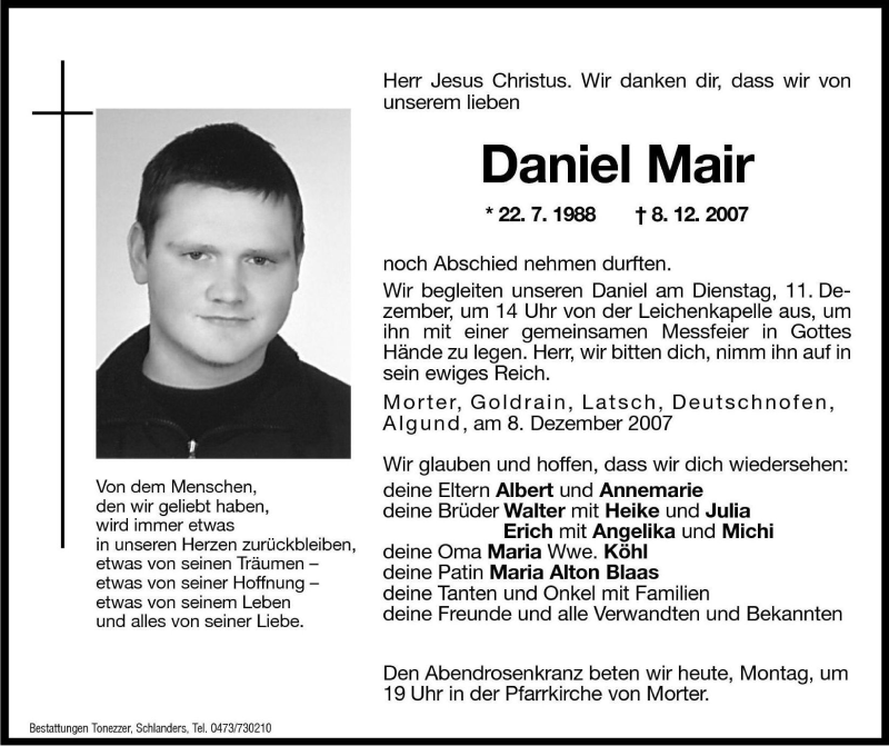  Traueranzeige für Daniel Mair vom 10.12.2007 aus Dolomiten