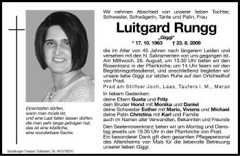 Traueranzeige von Luitgard Rungg von Dolomiten