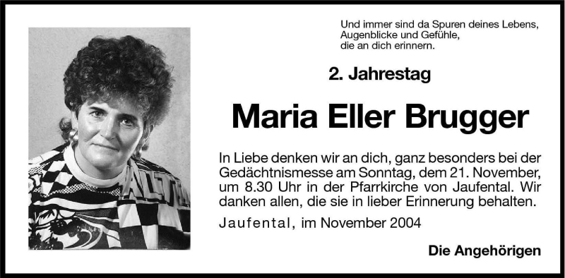  Traueranzeige für Maria Eller Brugger vom 12.11.2004 aus Dolomiten