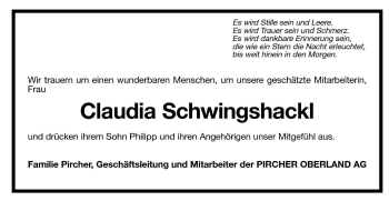 Traueranzeige von Claudia Schwingshackl von Dolomiten