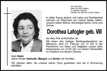Traueranzeige von Dorothea Lafogler von Dolomiten