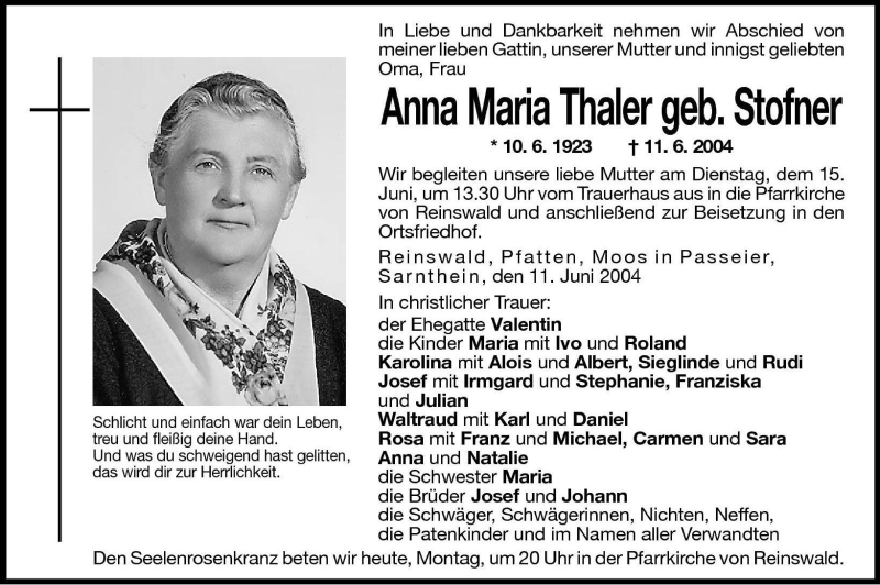  Traueranzeige für Anna Maria Thaler vom 14.06.2004 aus Dolomiten