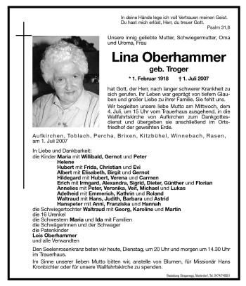 Traueranzeige von Lina Oberhammer von Dolomiten