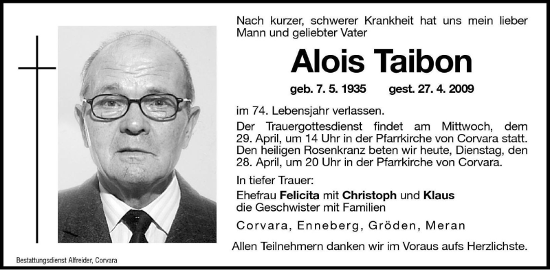  Traueranzeige für Alois Taibon vom 28.04.2009 aus Dolomiten