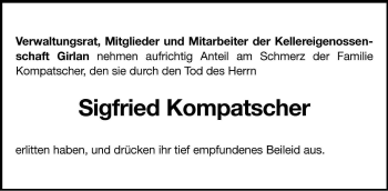 Traueranzeige von Sigfried Kompatscher von Dolomiten