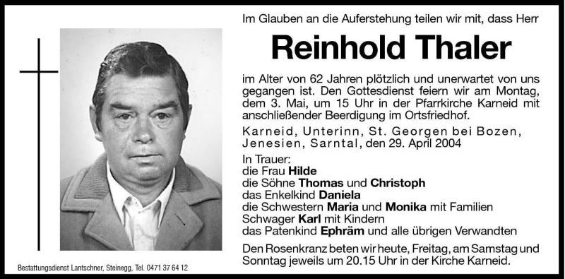  Traueranzeige für Reinhold Thaler vom 30.04.2004 aus Dolomiten