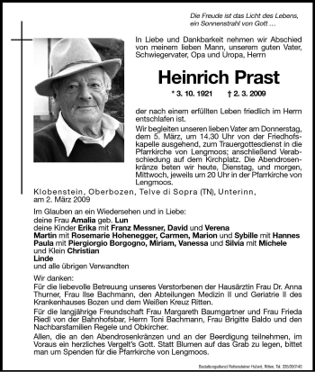 Traueranzeige von Heinrich Prast von Dolomiten