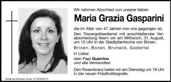 Traueranzeige von Maria Grazia Gasparini von Dolomiten