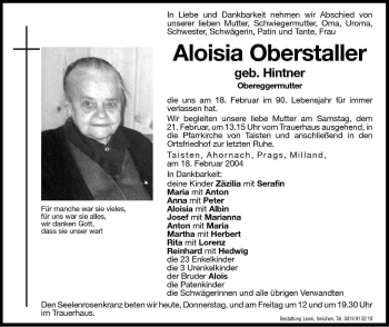 Traueranzeige von Aloisia Oberstaller von Dolomiten