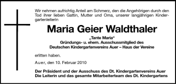 Traueranzeige von Maria Waldthaler von Dolomiten