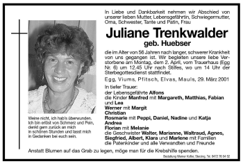 Traueranzeige von Juliane Trenkwalder von Dolomiten