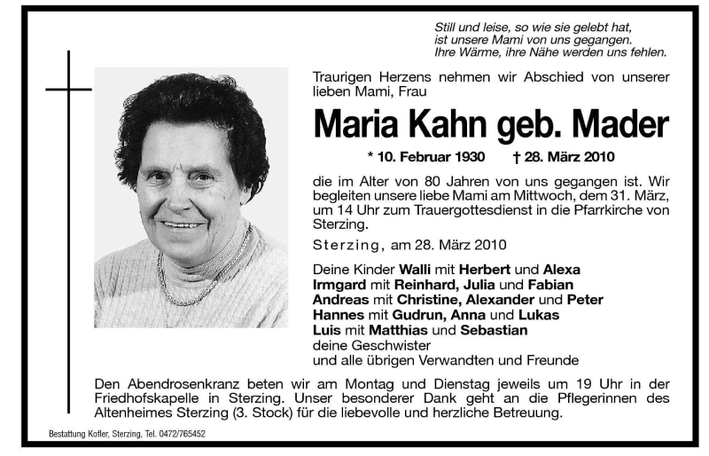  Traueranzeige für Maria Kahn vom 29.03.2010 aus Dolomiten