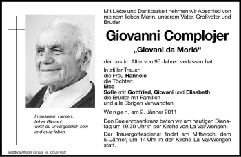 Traueranzeige von Giovanni Complojer von Dolomiten