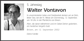 Traueranzeige von Walter Vontavon von Dolomiten