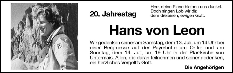  Traueranzeige für Hans von Leon vom 05.07.2002 aus Dolomiten