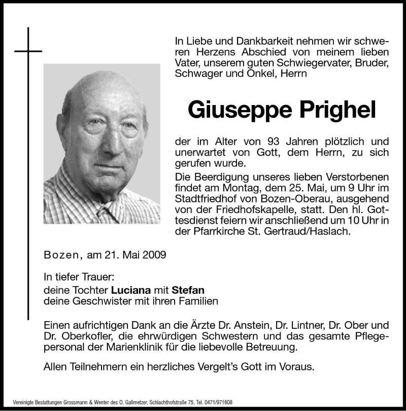  Traueranzeige für Giuseppe Prighel vom 22.05.2009 aus Dolomiten