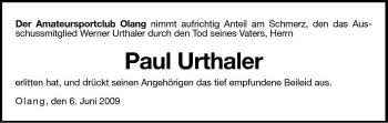 Traueranzeige von Paul Urthaler von Dolomiten