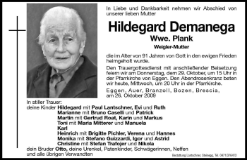Traueranzeige von Hildegard Plank von Dolomiten