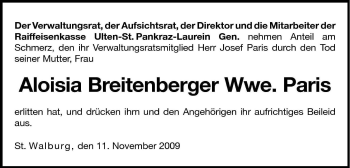 Traueranzeige von Aloisia Paris von Dolomiten