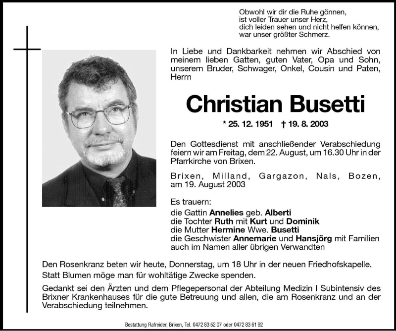  Traueranzeige für Christian Busetti vom 21.08.2003 aus Dolomiten