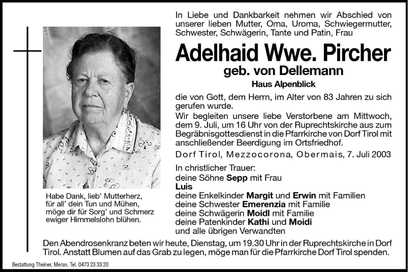  Traueranzeige für Adelhaid Pircher vom 08.07.2003 aus Dolomiten