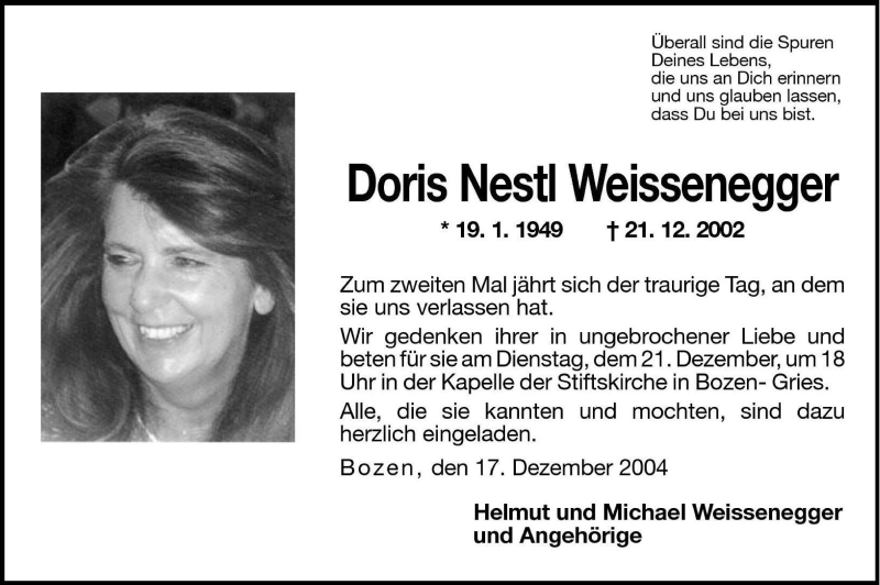  Traueranzeige für Doris Nestl Weissenegger vom 17.12.2004 aus Dolomiten