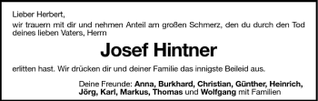 Traueranzeige von Josef Hintner von Dolomiten