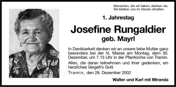 Traueranzeige von Josefine Rungaldier von Dolomiten