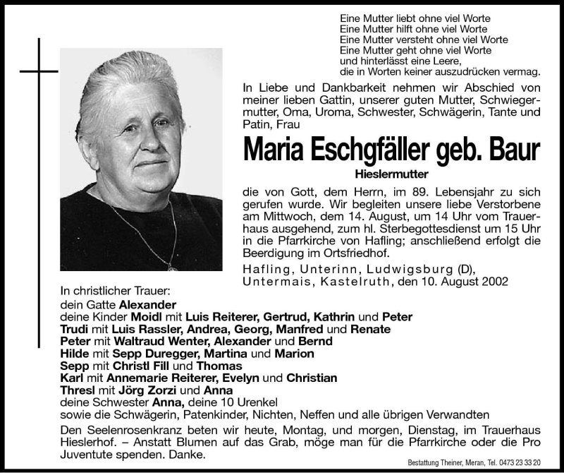  Traueranzeige für Maria Eschgfäller vom 12.08.2002 aus Dolomiten
