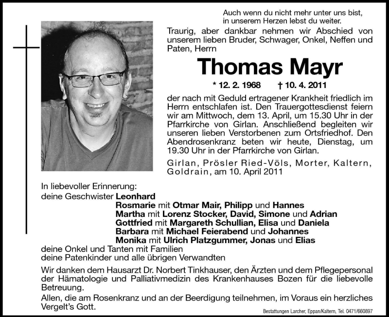  Traueranzeige für Thomas Mayr vom 12.04.2011 aus Dolomiten